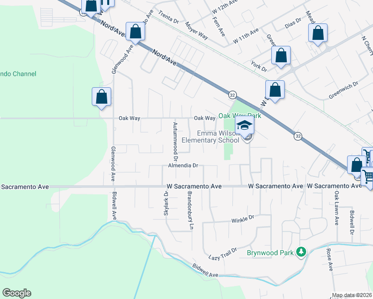 map of restaurants, bars, coffee shops, grocery stores, and more near 1109 Valley Oak Drive in Chico