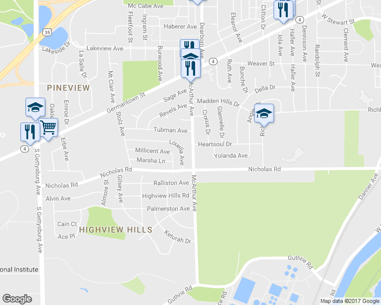 map of restaurants, bars, coffee shops, grocery stores, and more near 1419 McArthur Avenue in Dayton