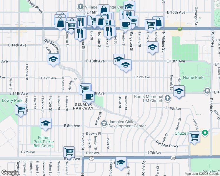 map of restaurants, bars, coffee shops, grocery stores, and more near 1132 Jamaica Street in Aurora