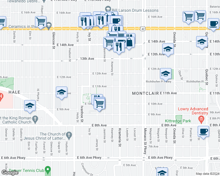 map of restaurants, bars, coffee shops, grocery stores, and more near 6030 East 11th Avenue in Denver