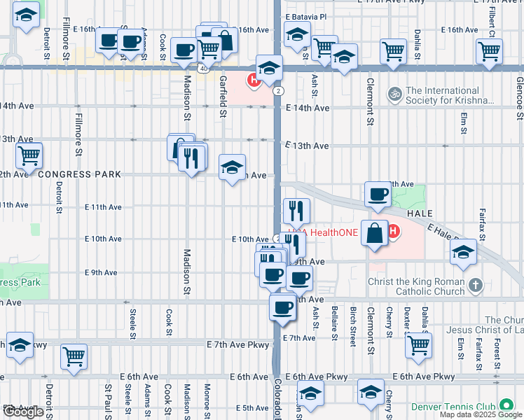 map of restaurants, bars, coffee shops, grocery stores, and more near 1074 Harrison Street in Denver