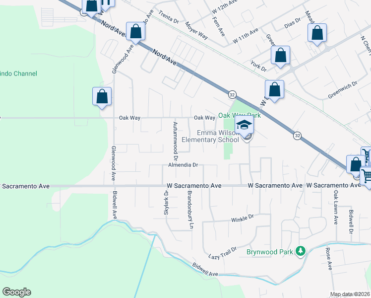 map of restaurants, bars, coffee shops, grocery stores, and more near 1109 Valley Oak Drive in Chico