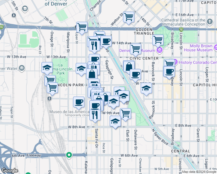 map of restaurants, bars, coffee shops, grocery stores, and more near 700 West 11th Avenue in Denver