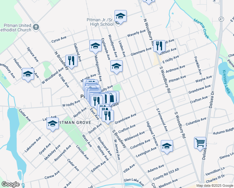 map of restaurants, bars, coffee shops, grocery stores, and more near 35 South Summit Avenue in Pitman