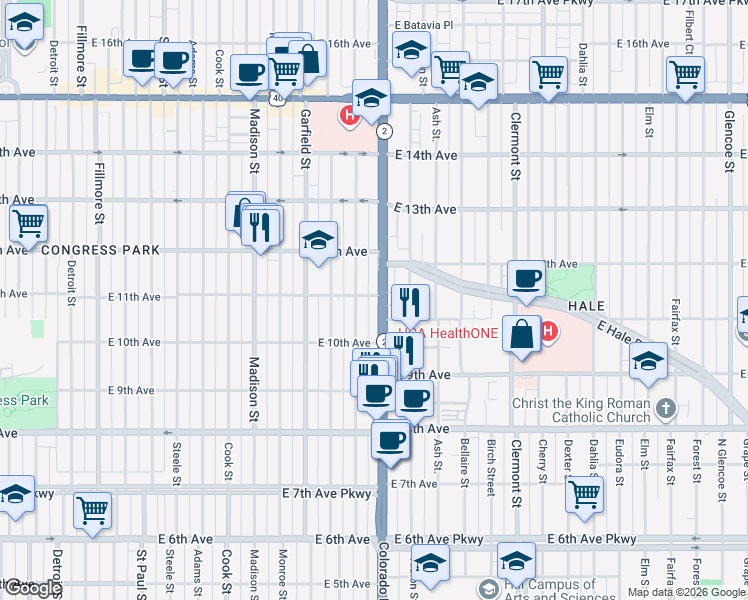 map of restaurants, bars, coffee shops, grocery stores, and more near 1074 Harrison Street in Denver