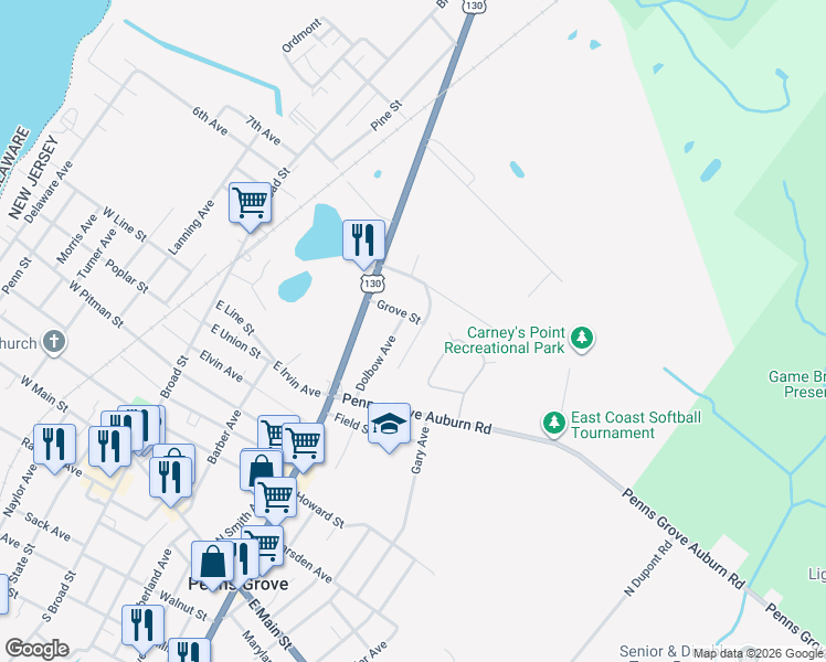 map of restaurants, bars, coffee shops, grocery stores, and more near 176 Kugler Avenue in Carneys Point Township