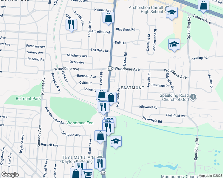 map of restaurants, bars, coffee shops, grocery stores, and more near 1624 Woodman Drive in Dayton