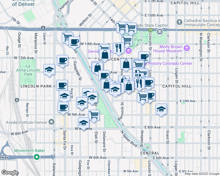 map of restaurants, bars, coffee shops, grocery stores, and more near 300 West 11th Avenue in Denver
