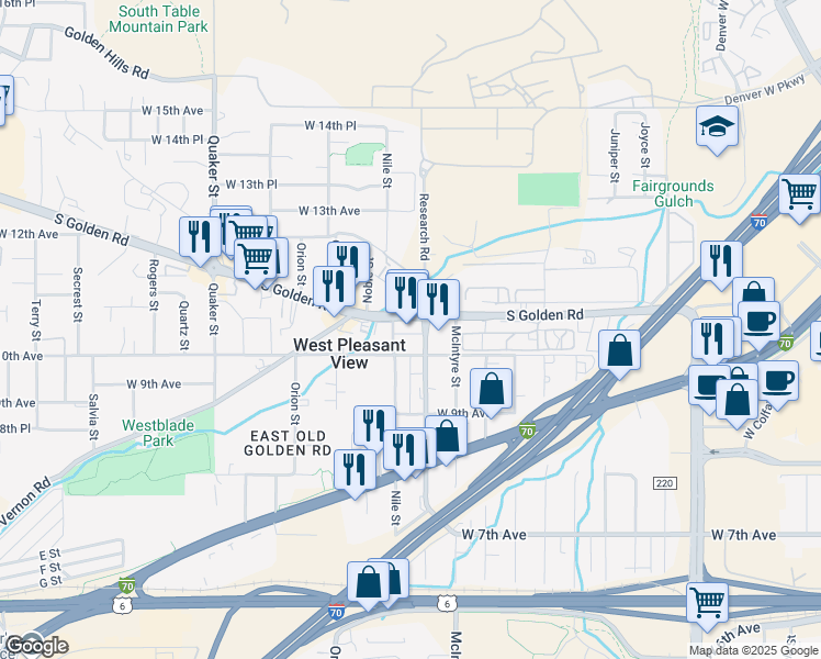 map of restaurants, bars, coffee shops, grocery stores, and more near 15750 South Golden Road in Golden