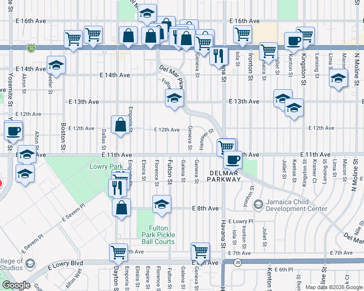 map of restaurants, bars, coffee shops, grocery stores, and more near 1130 Galena Street in Aurora