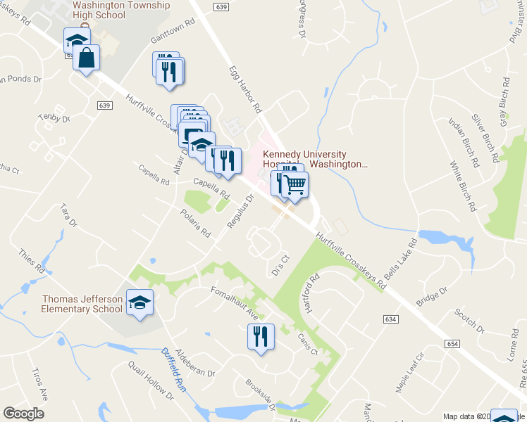 map of restaurants, bars, coffee shops, grocery stores, and more near 102B Kings Way West in Washington Township