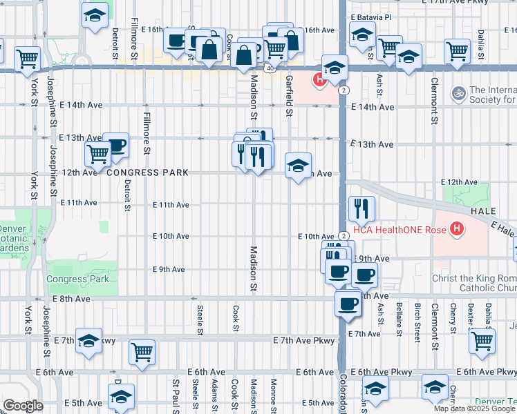 map of restaurants, bars, coffee shops, grocery stores, and more near 3500 East 11th Avenue in Denver