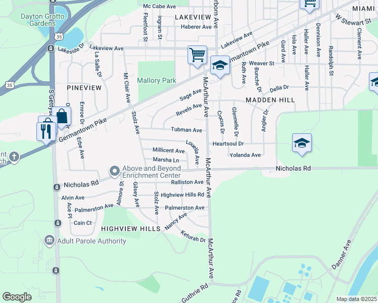 map of restaurants, bars, coffee shops, grocery stores, and more near 2841 Millicent Avenue in Dayton