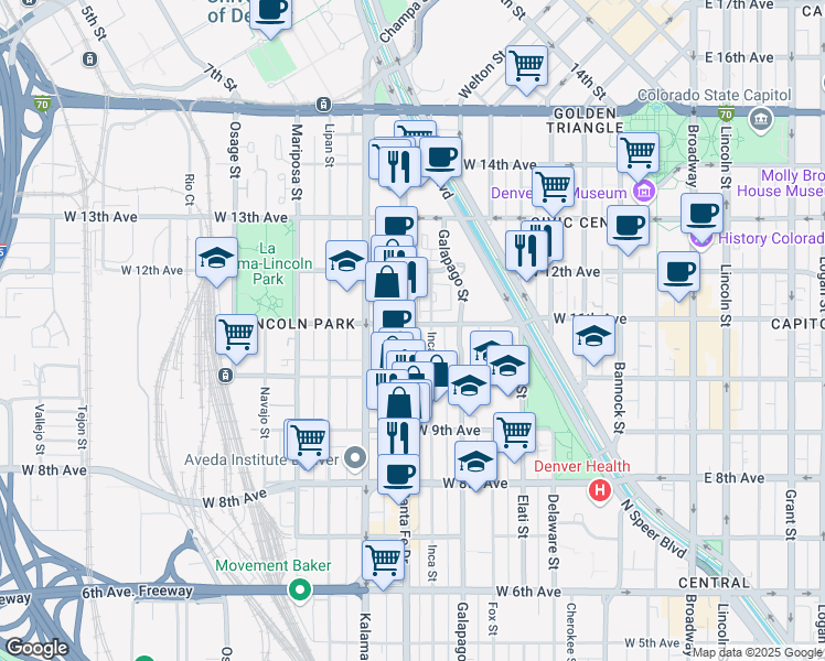 map of restaurants, bars, coffee shops, grocery stores, and more near 1082 Santa Fe Drive in Denver