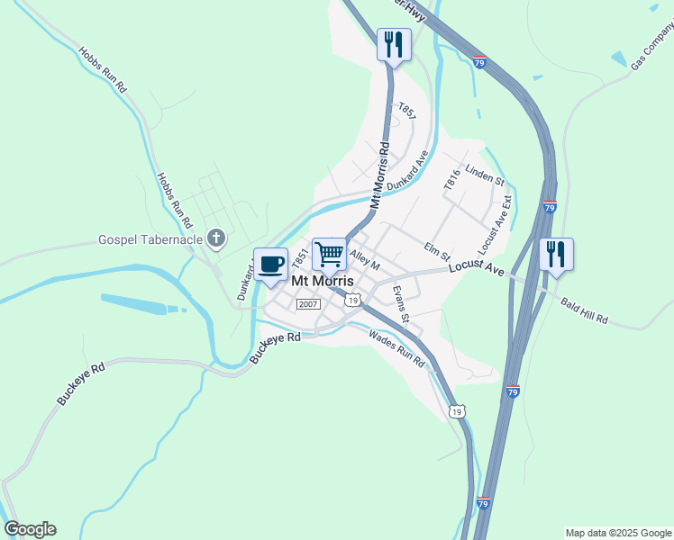 map of restaurants, bars, coffee shops, grocery stores, and more near 135 Cherry Alley in Mount Morris