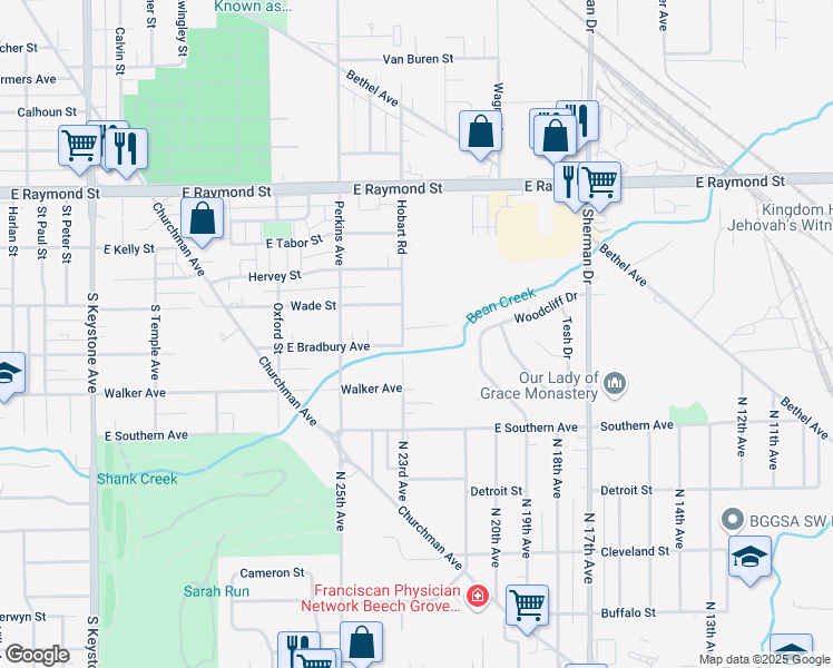map of restaurants, bars, coffee shops, grocery stores, and more near 2406 Hobart Road in Indianapolis