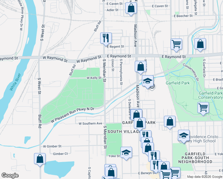 map of restaurants, bars, coffee shops, grocery stores, and more near 2405 South Meridian Street in Indianapolis