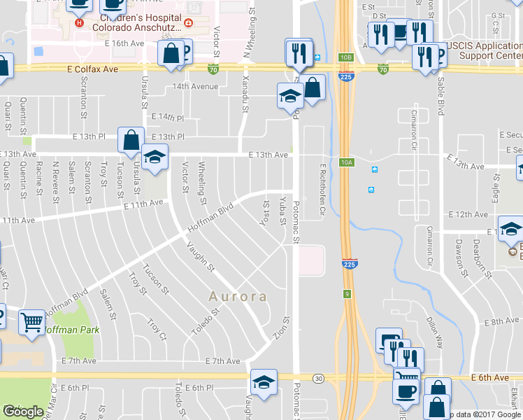 map of restaurants, bars, coffee shops, grocery stores, and more near 1141 Yost Street in Aurora