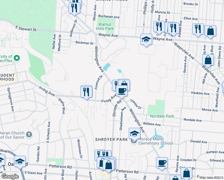 map of restaurants, bars, coffee shops, grocery stores, and more near 12 Colley Place in Dayton