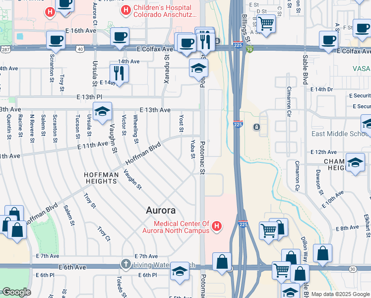 map of restaurants, bars, coffee shops, grocery stores, and more near 1141 Yost Street in Aurora