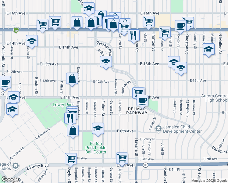 map of restaurants, bars, coffee shops, grocery stores, and more near 1130 Galena Street in Aurora