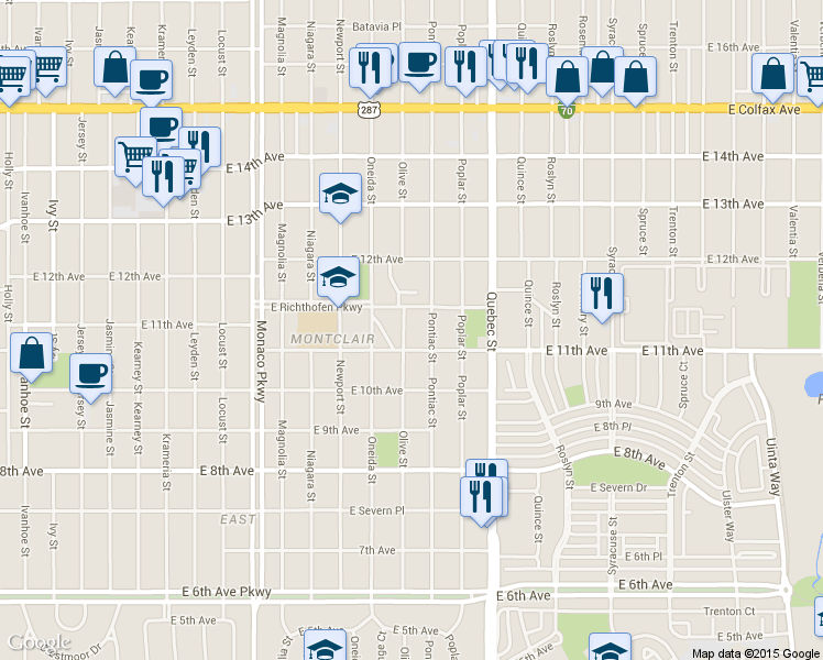 map of restaurants, bars, coffee shops, grocery stores, and more near 1125 Olive Street in Denver