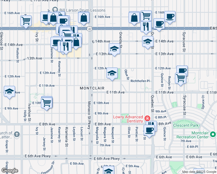 map of restaurants, bars, coffee shops, grocery stores, and more near 1151 Newport Street in Denver