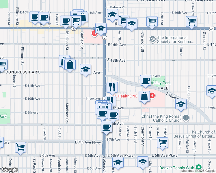 map of restaurants, bars, coffee shops, grocery stores, and more near 1145 Albion Street in Denver