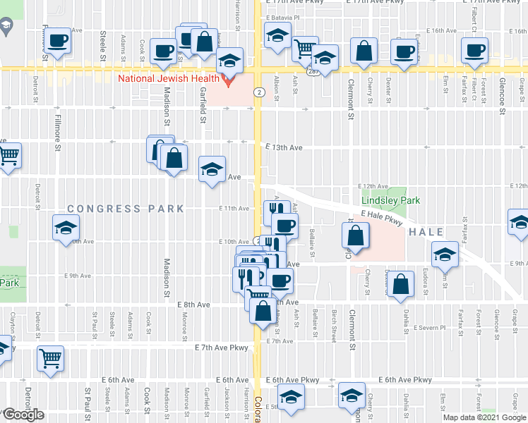 map of restaurants, bars, coffee shops, grocery stores, and more near 1145 Albion Street in Denver