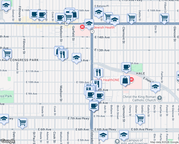 map of restaurants, bars, coffee shops, grocery stores, and more near 1074 Harrison Street in Denver
