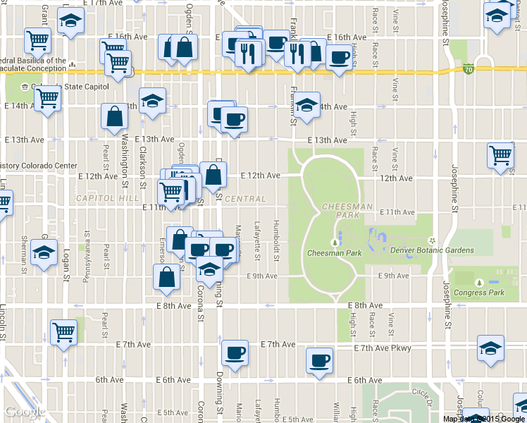 map of restaurants, bars, coffee shops, grocery stores, and more near 1061 Humboldt Street in Denver