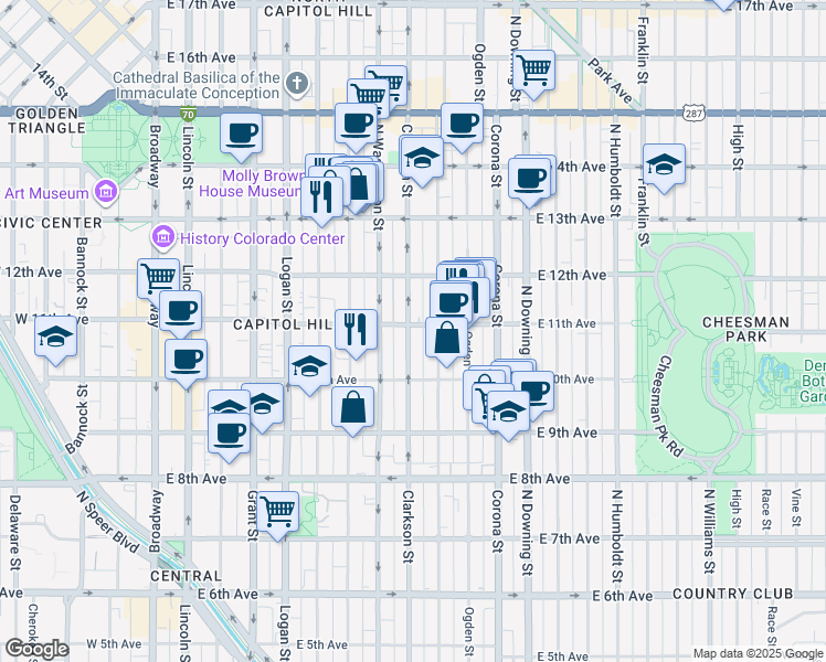 map of restaurants, bars, coffee shops, grocery stores, and more near in Denver