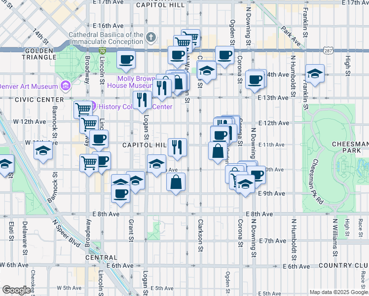 map of restaurants, bars, coffee shops, grocery stores, and more near 1075 North Washington Street in Denver