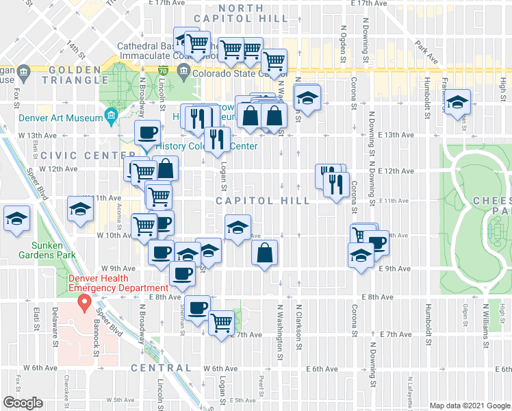 map of restaurants, bars, coffee shops, grocery stores, and more near in Denver