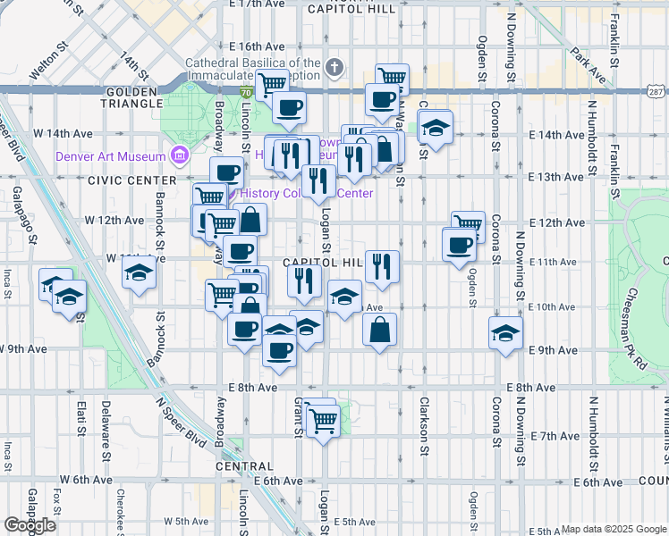 map of restaurants, bars, coffee shops, grocery stores, and more near in Denver