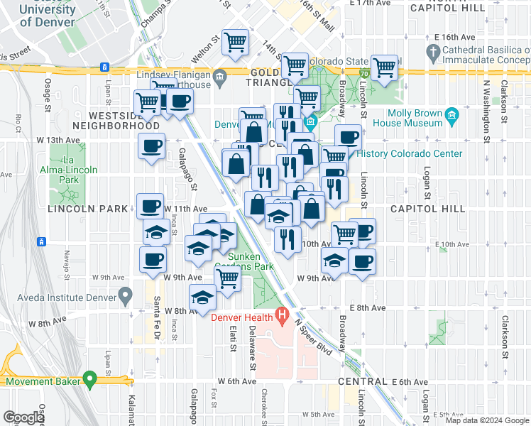 map of restaurants, bars, coffee shops, grocery stores, and more near 1062 Delaware Street in Denver