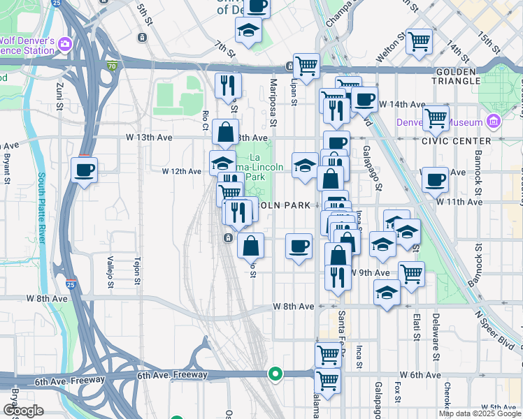 map of restaurants, bars, coffee shops, grocery stores, and more near 1063 Mariposa Street in Denver
