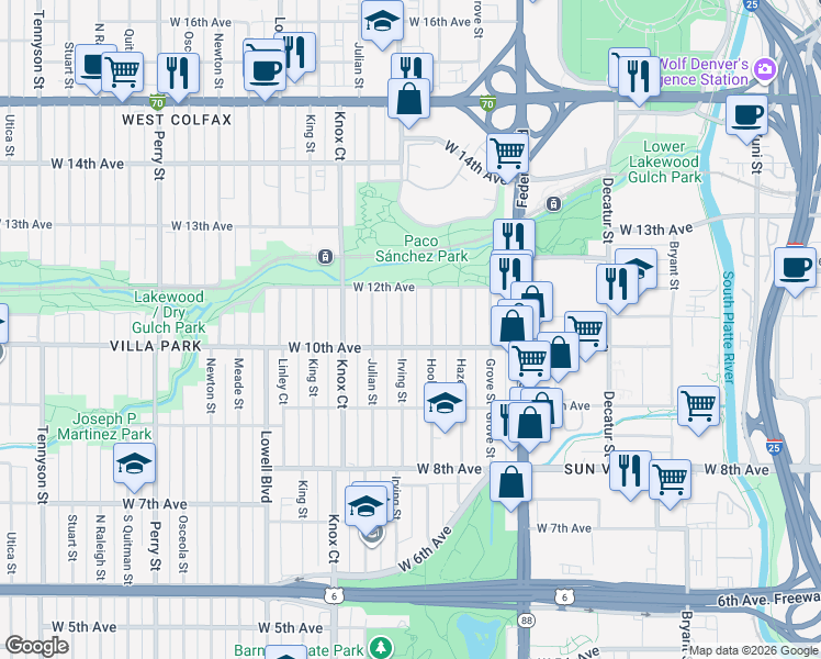 map of restaurants, bars, coffee shops, grocery stores, and more near 1031 Irving Street in Denver