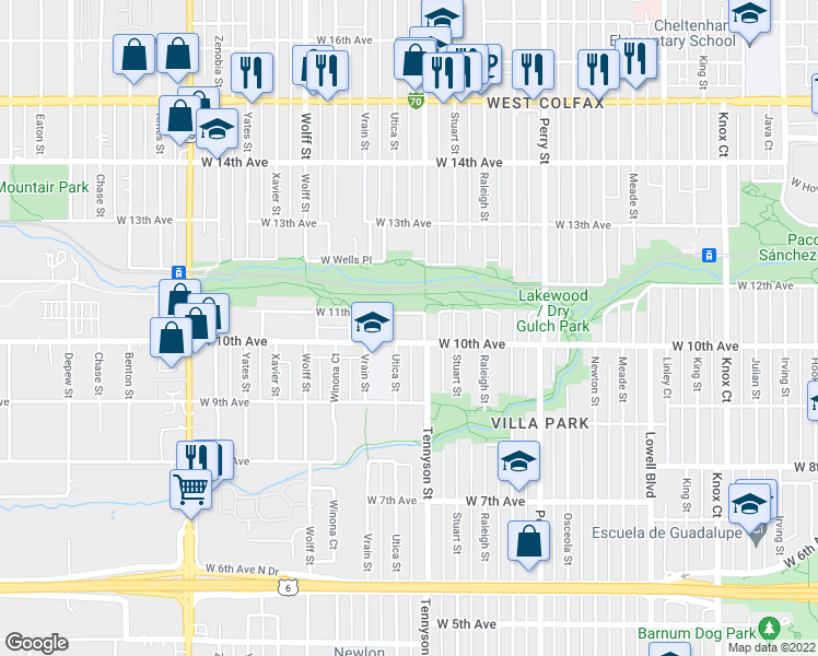map of restaurants, bars, coffee shops, grocery stores, and more near 4460 West 11th Avenue in Denver