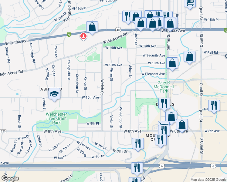 map of restaurants, bars, coffee shops, grocery stores, and more near 1135 Vivian Street in Golden