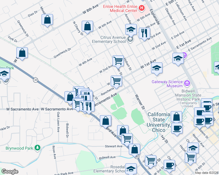 map of restaurants, bars, coffee shops, grocery stores, and more near 725 West 1st Avenue in Chico