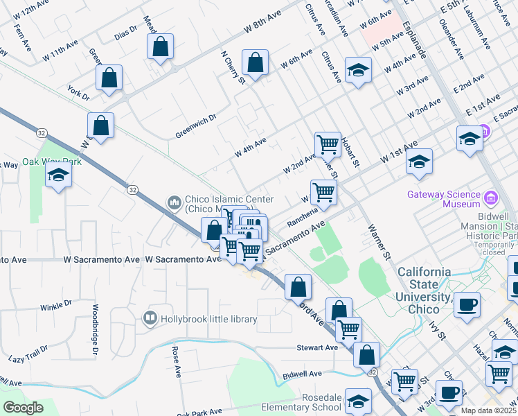 map of restaurants, bars, coffee shops, grocery stores, and more near 1127 North Cedar Street in Chico