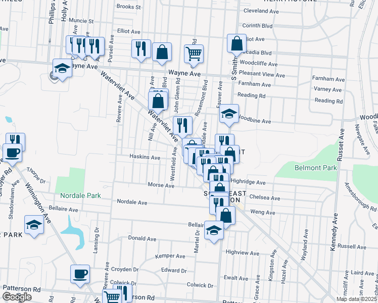 map of restaurants, bars, coffee shops, grocery stores, and more near 532 Watervliet Avenue in Dayton
