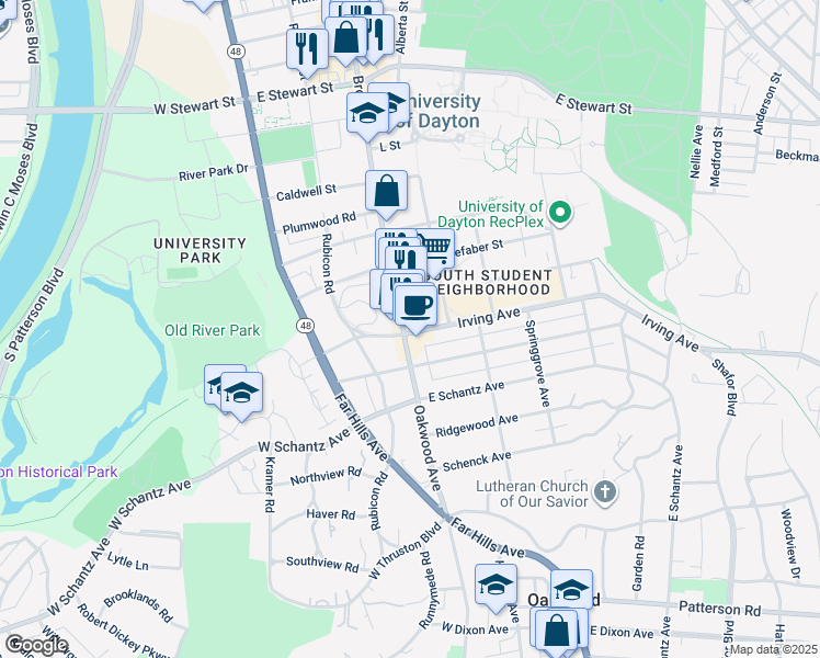 map of restaurants, bars, coffee shops, grocery stores, and more near 203 Irving Avenue in Dayton