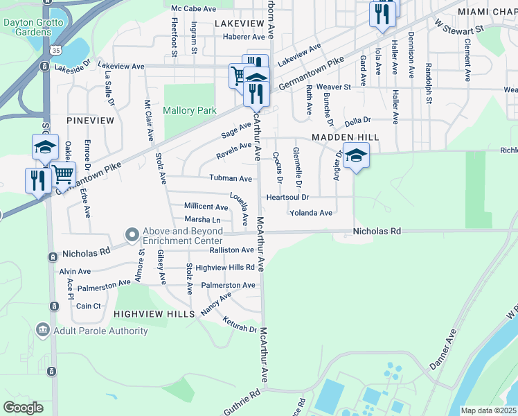 map of restaurants, bars, coffee shops, grocery stores, and more near 1419 McArthur Avenue in Dayton