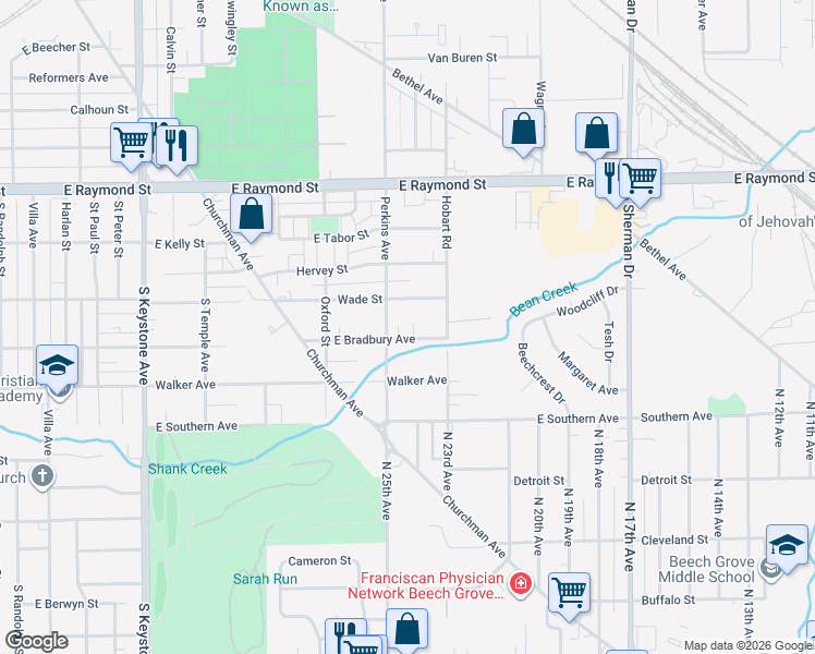map of restaurants, bars, coffee shops, grocery stores, and more near 3120 East Bradbury Avenue in Indianapolis