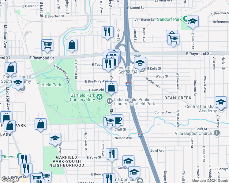 map of restaurants, bars, coffee shops, grocery stores, and more near 2419 Shelby Street in Indianapolis