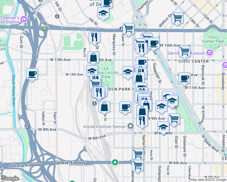 map of restaurants, bars, coffee shops, grocery stores, and more near 1063 Mariposa Street in Denver