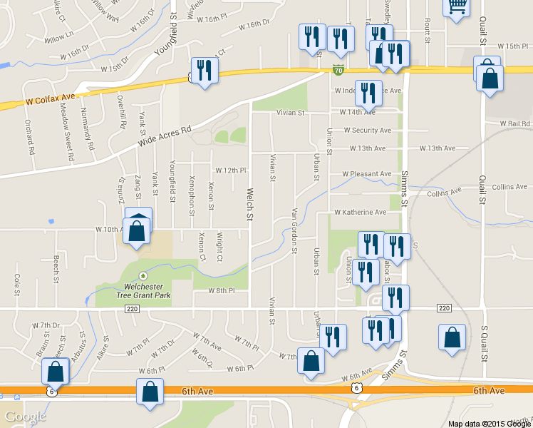 map of restaurants, bars, coffee shops, grocery stores, and more near 1135 Vivian Street in Golden
