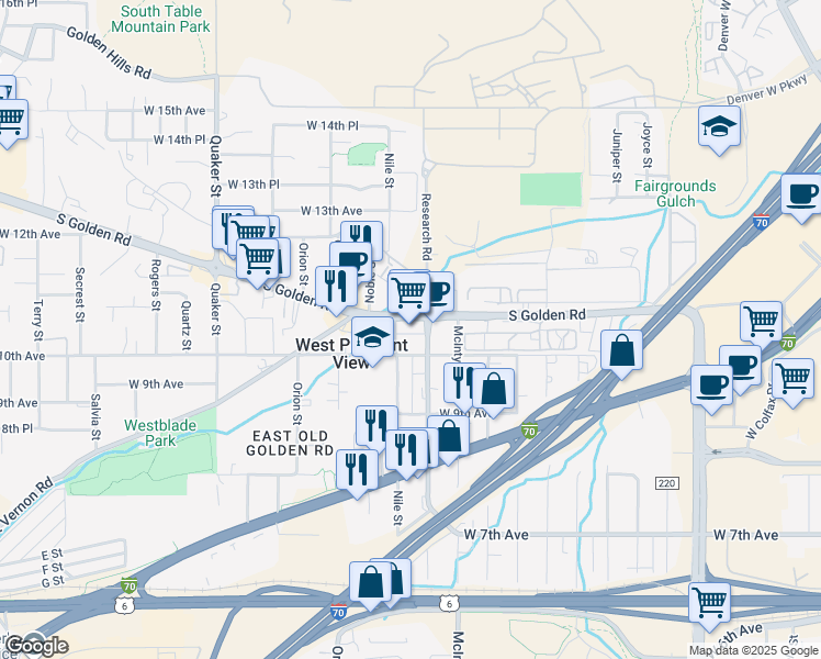 map of restaurants, bars, coffee shops, grocery stores, and more near 15750 South Golden Road in Golden